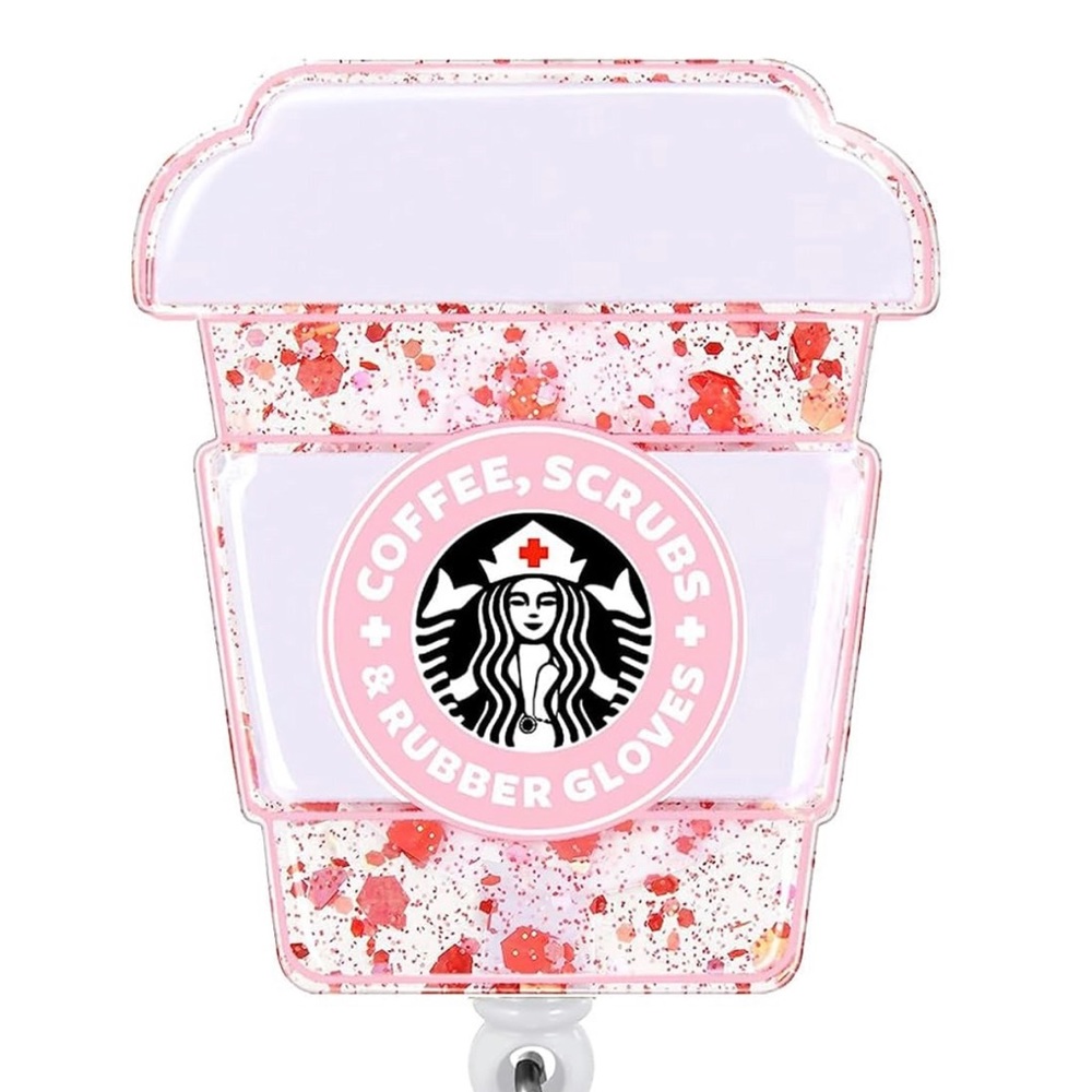 Badge Reel Coffee Scrubs & Rubber Gloves Pink Glitter Resin Name Tag Holder Clip